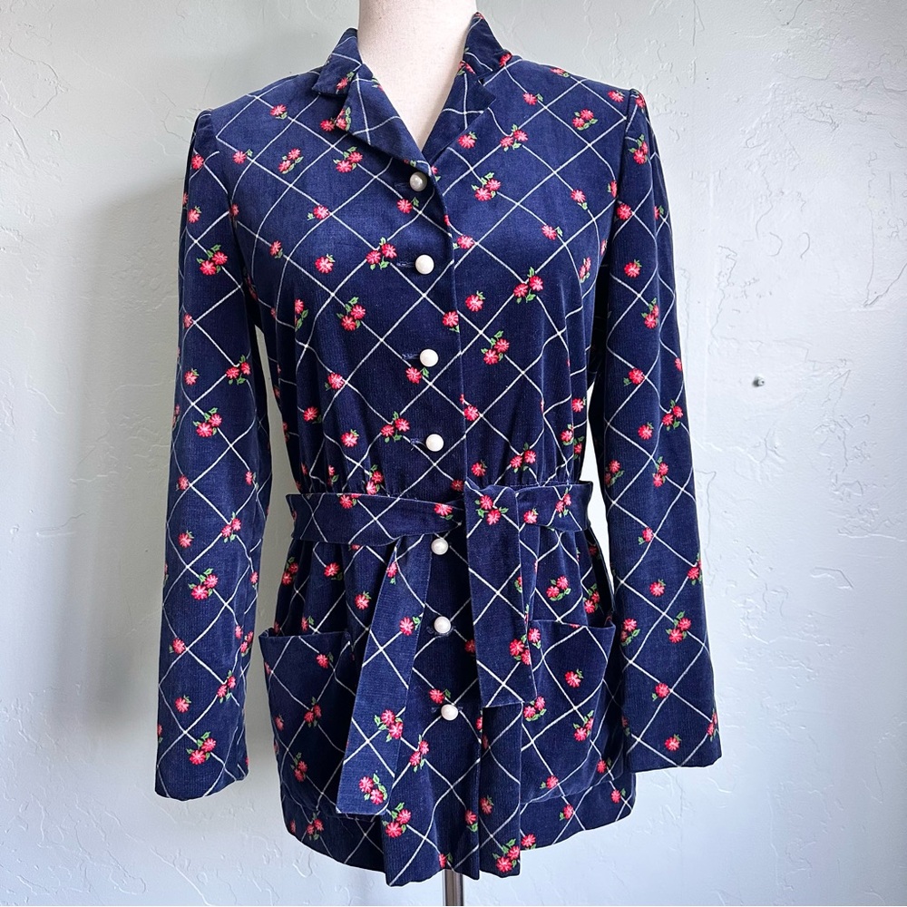 Vintage 1970’s Saks Fifth Avenue Women Navy Velvet Floral Papillon Jacket S\M